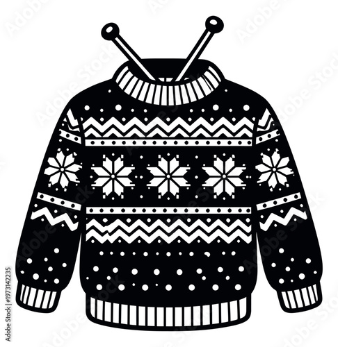 Hand drawn line art illustration of a Christmas sweater depicting Nordic patterns and knitting needles for winter fashion