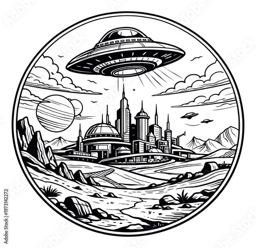 Line art illustration of a futuristic city depicting an alien invasion scene for science fiction projects