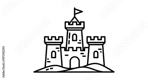 A black and white line art illustration of a classic sandcastle standing on a small sand dune.