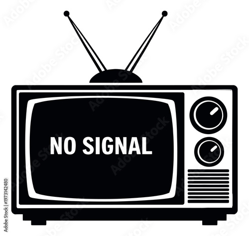 Line art illustration of a retro television depicting a no signal message for vintage media problems