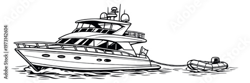 Line art illustration of a luxury yacht depicting it towing a dinghy for marine recreation