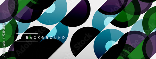 Abstract colorful circles overlap white space. Modern design features vibrant hues, geometric shapes, dynamic composition. Background text present.
