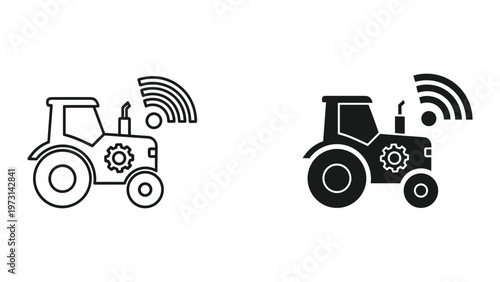 Two black and white tractor icons with Wi-Fi symbols on a plain white background representing modern farming technology and connectivity