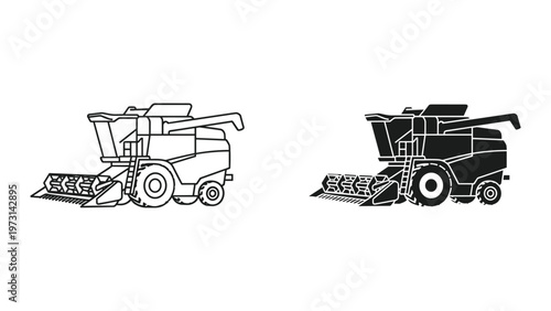 A line drawing and a silhouette of a combine harvester are shown side by side on a white background