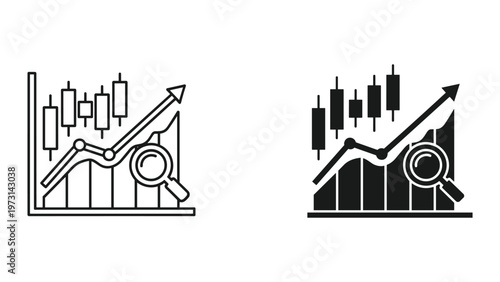 Two black and white line graphs with magnifying glasses and arrows pointing upwards indicating business growth and financial analysis on a white background