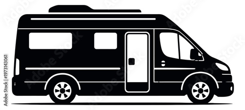 Graphic illustration of a camper van depicting a side view for outdoor adventures