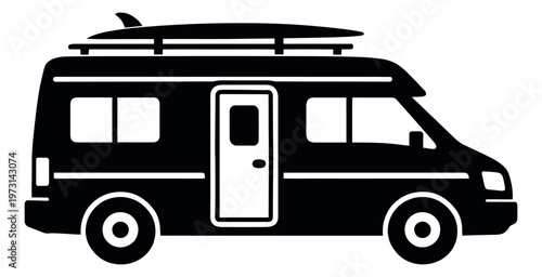 Modern illustration of a camper van depicting a surfboard on its roof for summer adventure