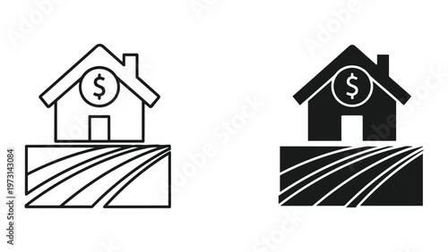 Two black and white house icons with dollar signs on them are shown side by side on a plain white background with field graphics