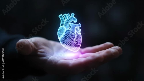 Human hand holding glowing wireframe 3D digital heart model