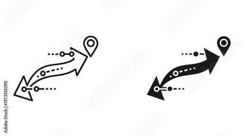 Two stylized route icons with arrows and location pins on a white background for navigation and mapping purposes