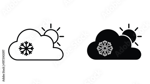 Two weather icons depicting sunny snow clouds with black and white color schemes