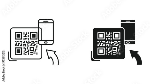 A graphic illustration showing two mobile phone devices with QR codes being scanned with arrows indicating the scanning process on a white background
