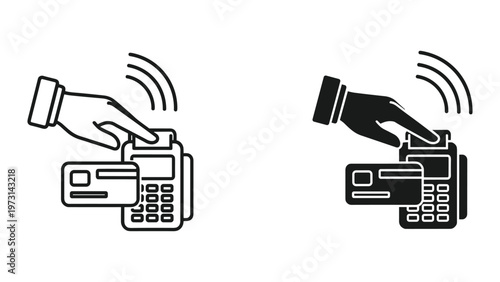 A graphic illustration of two hands holding credit cards near payment terminals with wireless signals indicating contactless transactions