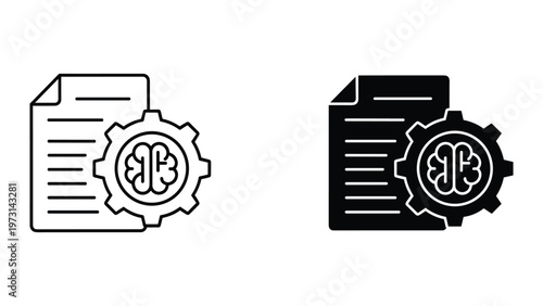 A pair of document icons with a gear and brain symbol in both black and white on a clean white background