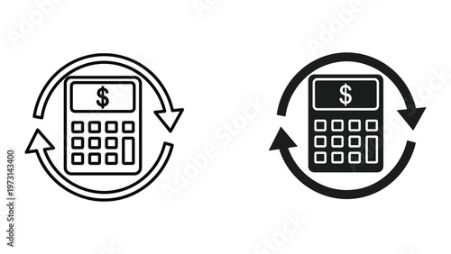 Two calculator icons with dollar signs are shown in a circular arrow loop for finance and accounting purposes on a white background