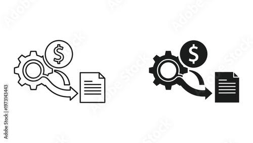 A pair of black and white icons depicting financial transactions and document processing with gears and dollar signs