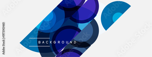 Abstract geometric shapes overlap, creating vibrant blue, purple hues. Minimalist design with text background present. Clean, modern aesthetic.