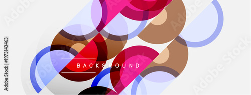 Abstract geometric shapes overlap, creating vibrant background. Pink, brown, blue hues dominate composition. Modern design element.