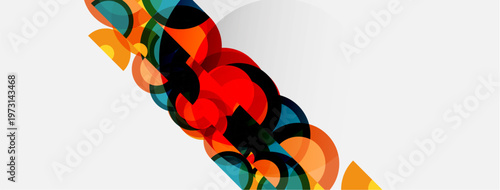 Abstract composition featuring overlapping colorful circles. Dynamic arrangement creates visual interest, modern aesthetic. Simple background enhances shapes.