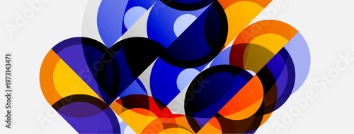 Abstract composition. Overlapping circles, vibrant blues, oranges, blacks create dynamic visual effect. Modern design, clean lines.