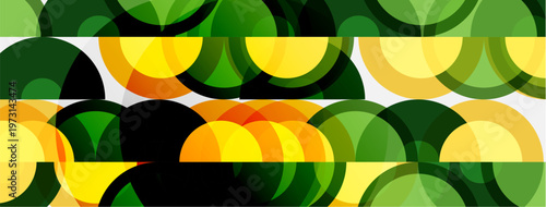 Abstract pattern features overlapping circles. Green, yellow, orange hues create dynamic visual texture. Simple geometric shapes dominate composition.