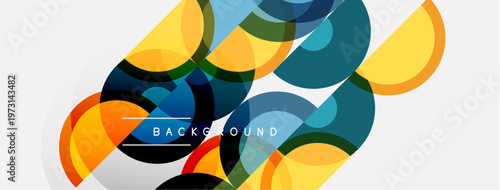 Abstract geometric shapes overlap, creating vibrant color composition. Yellows, blues, greens dominate design. Minimalist style, modern aesthetic.