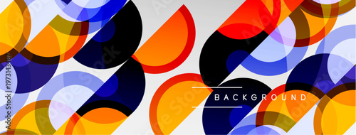 Abstract circles overlap, creating vibrant colorful pattern. Modern design with orange, blue, black hues. Background text present.