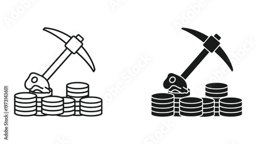 A black and white illustration of two cryptocurrency mining icons with pickaxes and stacks of coins in contrasting line art and solid fill styles