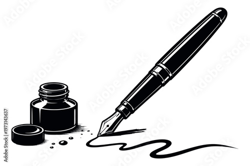 Classic line art illustration of a fountain pen and inkwell depicting writing with ink for creativity and education