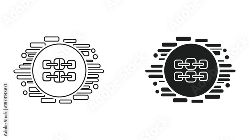 Two identical chain link icons are displayed side by side in black and white on a clean white background with dynamic geometric patterns radiating from them