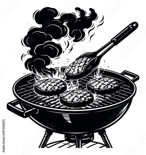 Hand drawn illustration of a barbecue grill depicting burgers being cooked for an outdoor summer meal