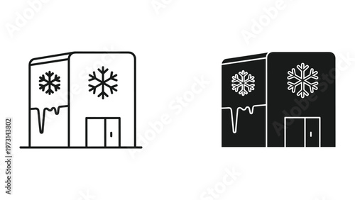 Two identical cube-shaped freezer icons with snowflakes on the doors in black and white