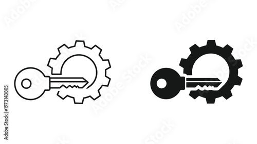A set of two gear icons with keys inserted representing mechanical advantage and innovation in engineering solutions