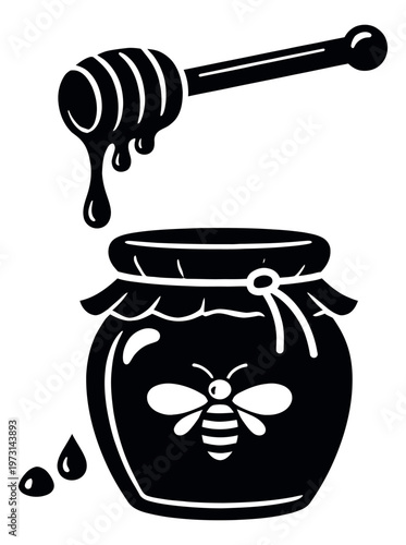 Graphic silhouette honey set featuring a honey dipper and a jar with a bee motif for food and natural product design