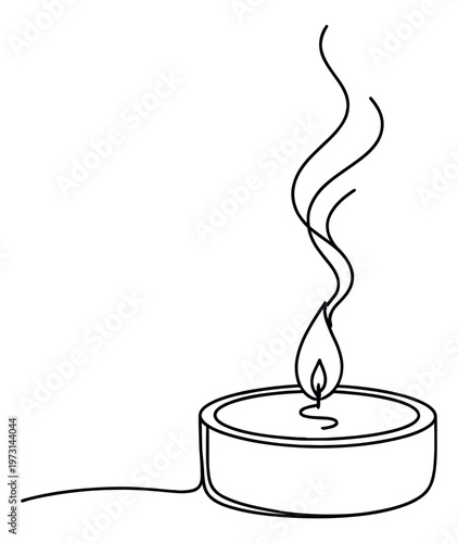 Hand drawn line art illustration of a tealight candle depicting a glowing flame and rising smoke for relaxation concepts