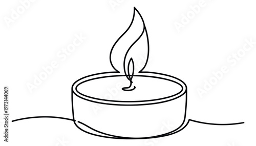 Hand drawn line art illustration of a tea light candle depicting a burning flame for a peaceful atmosphere
