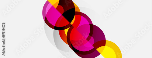 Abstract circles overlap, creating vibrant color blends. Pink, red, yellow hues dominate white background. Modern design element.