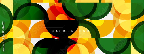 Abstract colorful circles overlap creating dynamic background. Yellow, green, orange hues dominate composition. Modern design element.