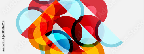 Abstract composition featuring overlapping colorful circles. Red, blue, orange hues dominate design, creating dynamic visual effect.