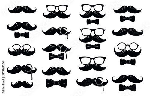 Retro style gentleman accessories set featuring mustaches, glasses, monocles, and bow ties for fashion and party designs