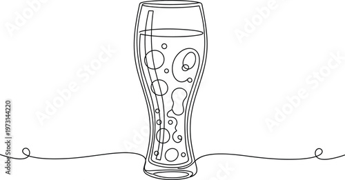 A continuous line drawing depicts a tall pilsner glass filled with a bubbly beverage likely beer or soda in a minimalist style