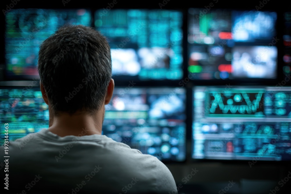 Fototapeta premium Surveillance operator monitoring multiple data screens, technology, security operations center