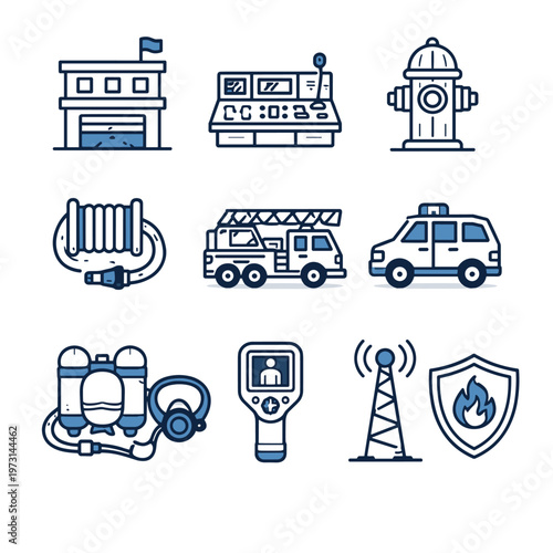 Fire safety icons set for emergency services