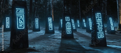Mystical Forest Markers Illuminated by Azure Light