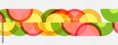 Colorful overlapping circles create abstract pattern. Bright hues blend, forming seamless horizontal band. Simple design, modern aesthetic.