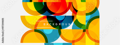 Abstract circles overlap, creating vibrant colorful background. Yellow, red, blue, green hues dominate design. Modern aesthetic.