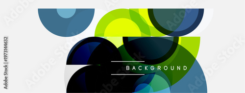 Abstract geometric shapes overlap. Blue, green, yellow hues dominate composition. Minimalist design with text element. Modern aesthetic.