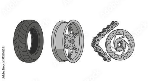Motorcycle wheel and chain assembly parts.