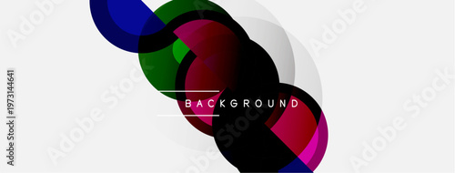 Abstract shapes overlap, creating dynamic composition. Colors include purple, green, black, gray. Minimalist design with text element.