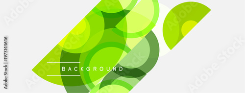 Abstract geometric shapes overlap, creating vibrant green background. Lines accent design, offering modern aesthetic.